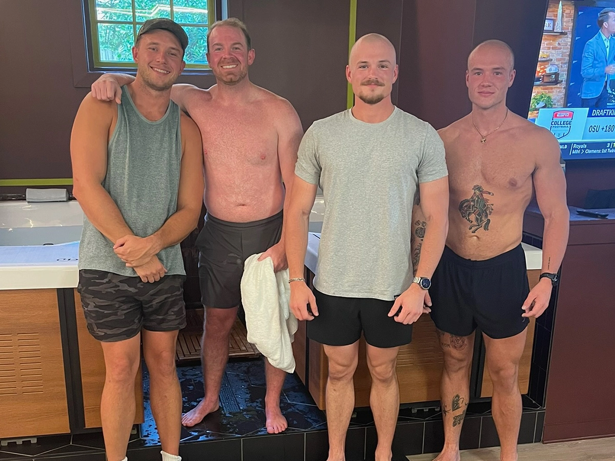 Group of four friends after a contrast therapy session in the R3 Contrast plunge room
